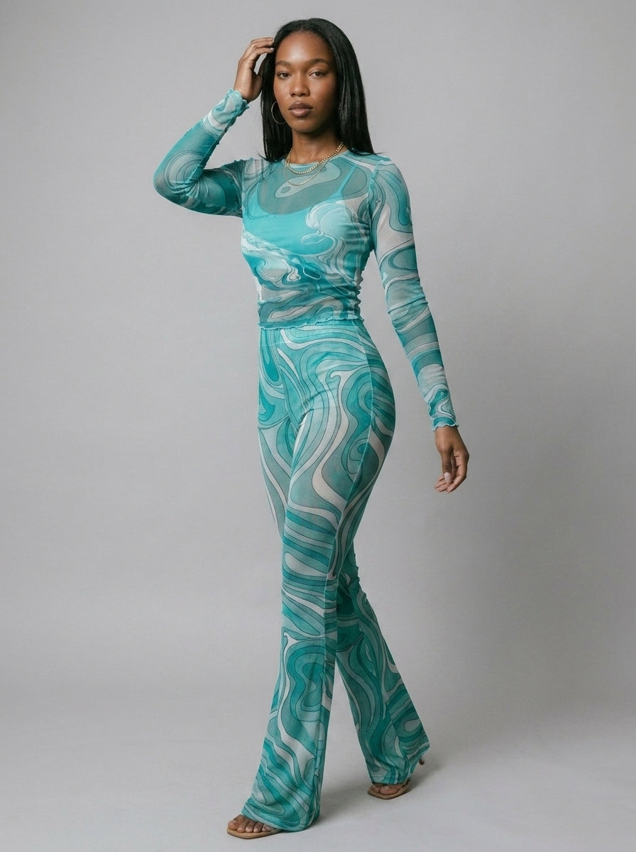 Kylie Swirl Print Flare Two-Piece Set