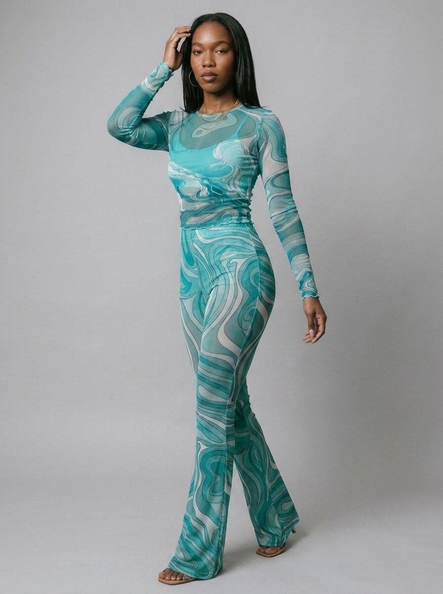 Kylie Swirl Print Flare Two-Piece Set