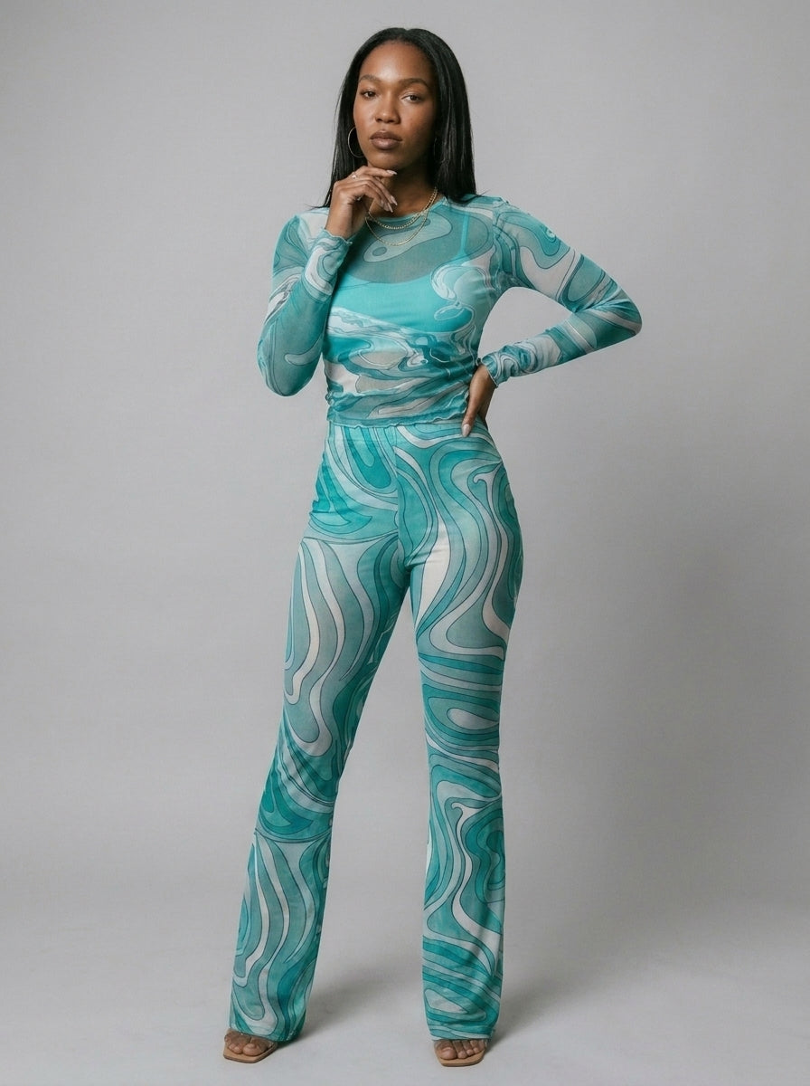 Kylie Swirl Print Flare Two-Piece Set