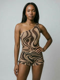 Zara One Shoulder Swirl Short Set